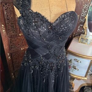 Black Embellished One Shoulder Evening Gown